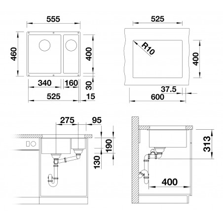 Kuchyňský dřez Blanco Subline 340/160-U Aluminium, levý, bez táhla