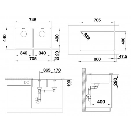 Kuchyňský dřez Blanco Andano 340/340-U, bez táhla