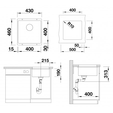 Kuchyňský dřez Blanco Subline 400-U Černá, bez táhla