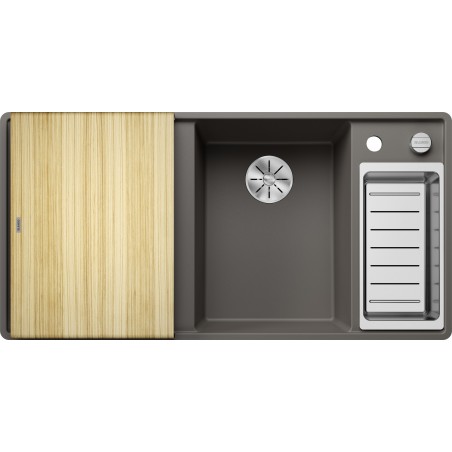 Kuchyňský dřez Blanco Axia III 6 S-F Šedá vulkán, pravý, s dřevěnou krájecí deskou a miskou