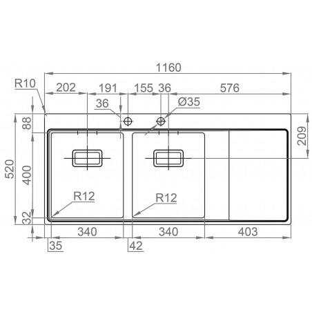 Kuchyňský dřez Sinks Xeron 1160 Duo, pravý, 1,2 mm