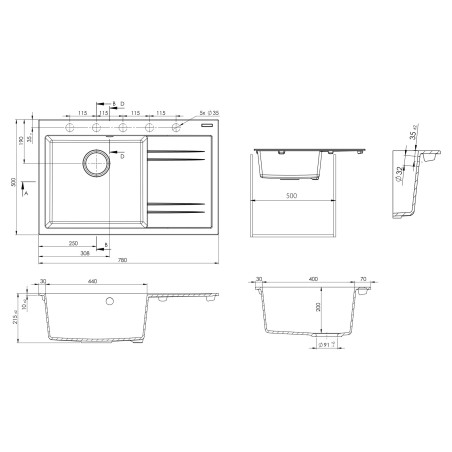 Kuchyňský dřez Sinks Rim 780 L Metalblack 74 levý Kuchyňský dřez Sinks Rim 780 L Metalblack 74 levý
