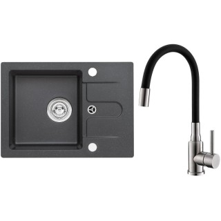 Set Alveus (dřez Cortina 10 Black 91, bez excentru + baterie Mintas Černá/Kartáčovaná ocel)