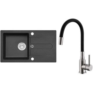 Set Alveus (dřez Cortina 110 Black 91, bez excentru + baterie Mintas Černá/Kartáčovaná ocel)