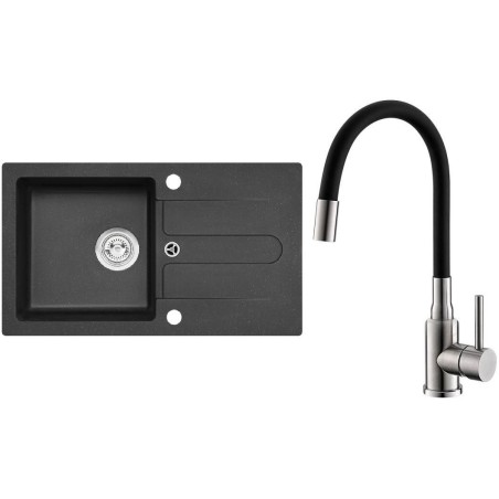 Set Alveus (dřez Cortina 110 Black 91, bez excentru + baterie Mintas Černá/Kartáčovaná ocel)