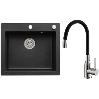 Set Alveus (dřez Cortina 160 Black 91 + baterie Mintas Černá/Kartáčovaná ocel)