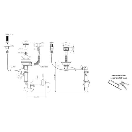 Sifon Sinks SPNS3SXCC 3 1/2" pro nerezové dřezy, s extra úsporou místa, s excentrickým ovladačem (clic-clac)