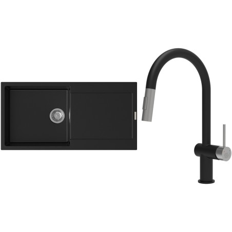 Set StrongSinks S3 (dřez Zala 1000 Černá + baterie Neris Černá matná, nerezová koncovka)
