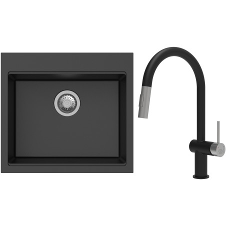 Set StrongSinks S3 (dřez Ipel 560 Černá + baterie Neris Černá matná, nerezová koncovka)
