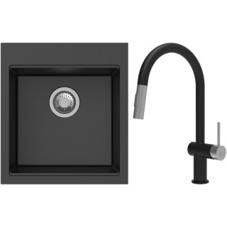 Set StrongSinks S3 (dřez Ipel 460 Černá + baterie Neris Černá matná, nerezová koncovka)