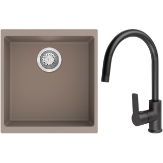 Set StrongSinks S3 (dřez Hron 430 Béžová + baterie Loira Černá matná)